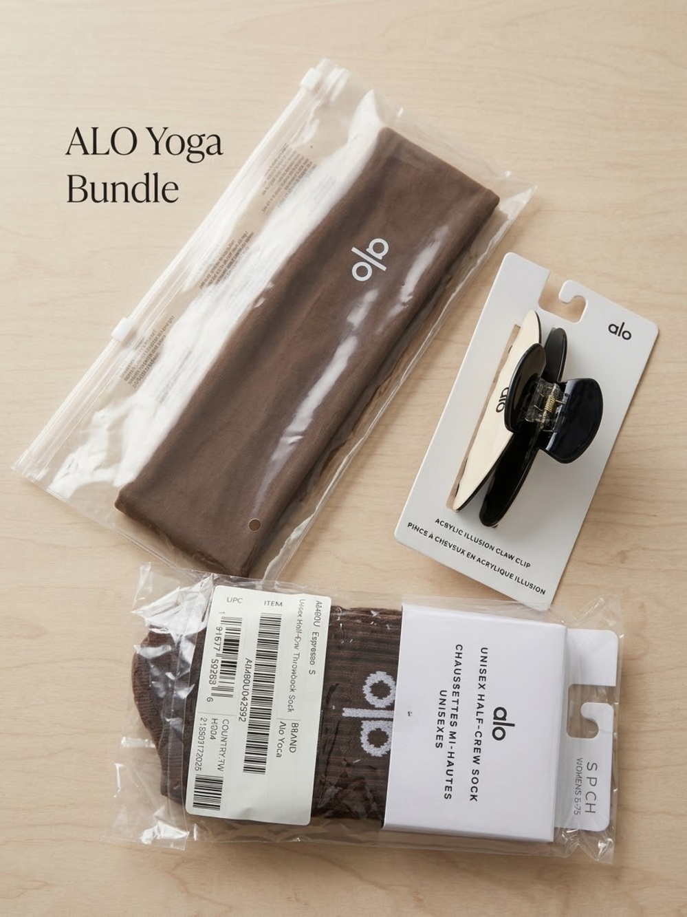 ALO Yoga Brown Headband, Crew Socks & Hair Clip Bundle 90s claw